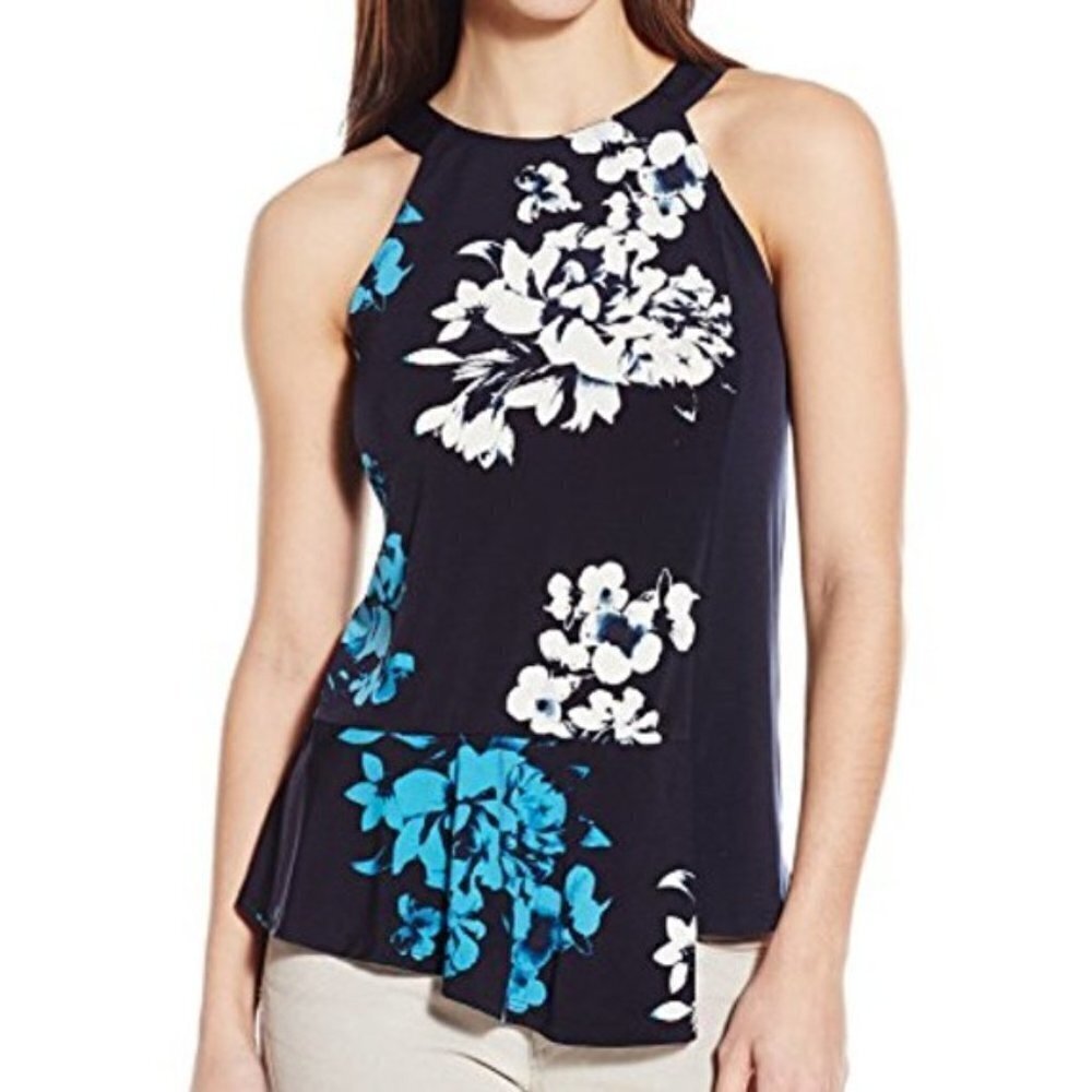 Ellen Tracy Sleeveless Blouse Make the Cut Printed Navy‎ Turquoise Halter XS NWT